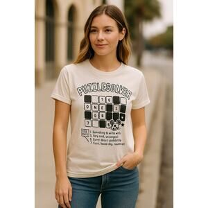 POL Puzzlesolver Graphic Tee Ivory White 100% Cotton Short Sleeve SZ M